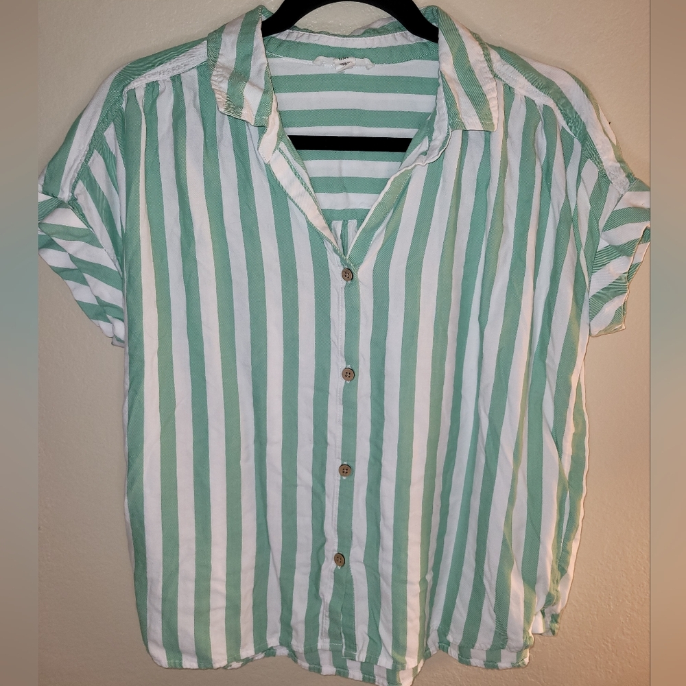 beachlunchlounge Mint Green and White Striped Button Down Shirt
